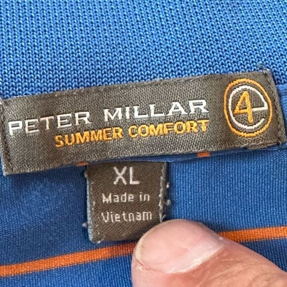 Peter Millar Summer Comfort XL Short Sleeve Blue and Orange Striped Golf Polo - Picture 2 of 6
